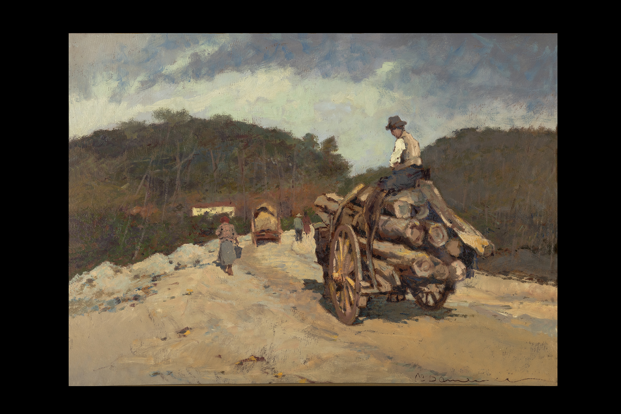 Carro con legna, Carro che trasporta legname lungo una strada (dipinto) di Domenici Carlo (primo quarto XX)