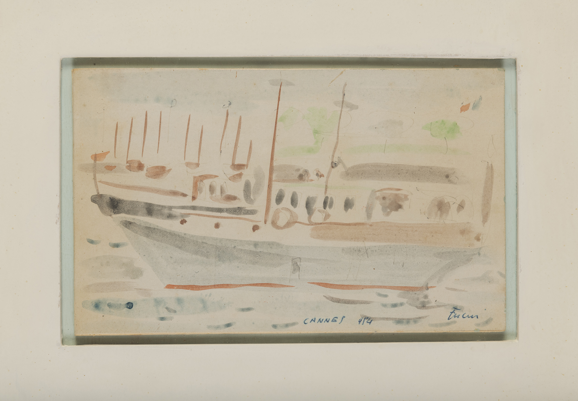 Cannes 1954, Barche attraccate ad un molo (disegno) di Fucini Loris (terzo quarto XX)