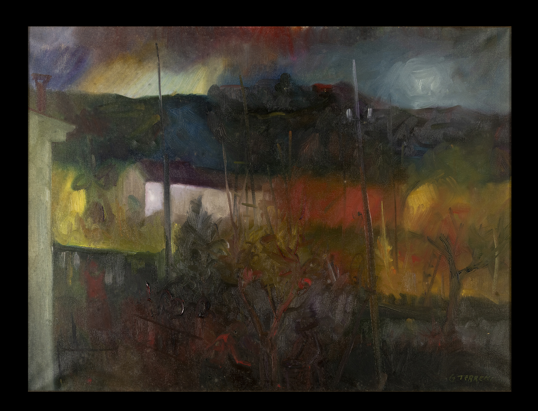 Paesaggio con casa colonica, Paesaggio astratto (dipinto) di Terreni Gino (terzo quarto XX)
