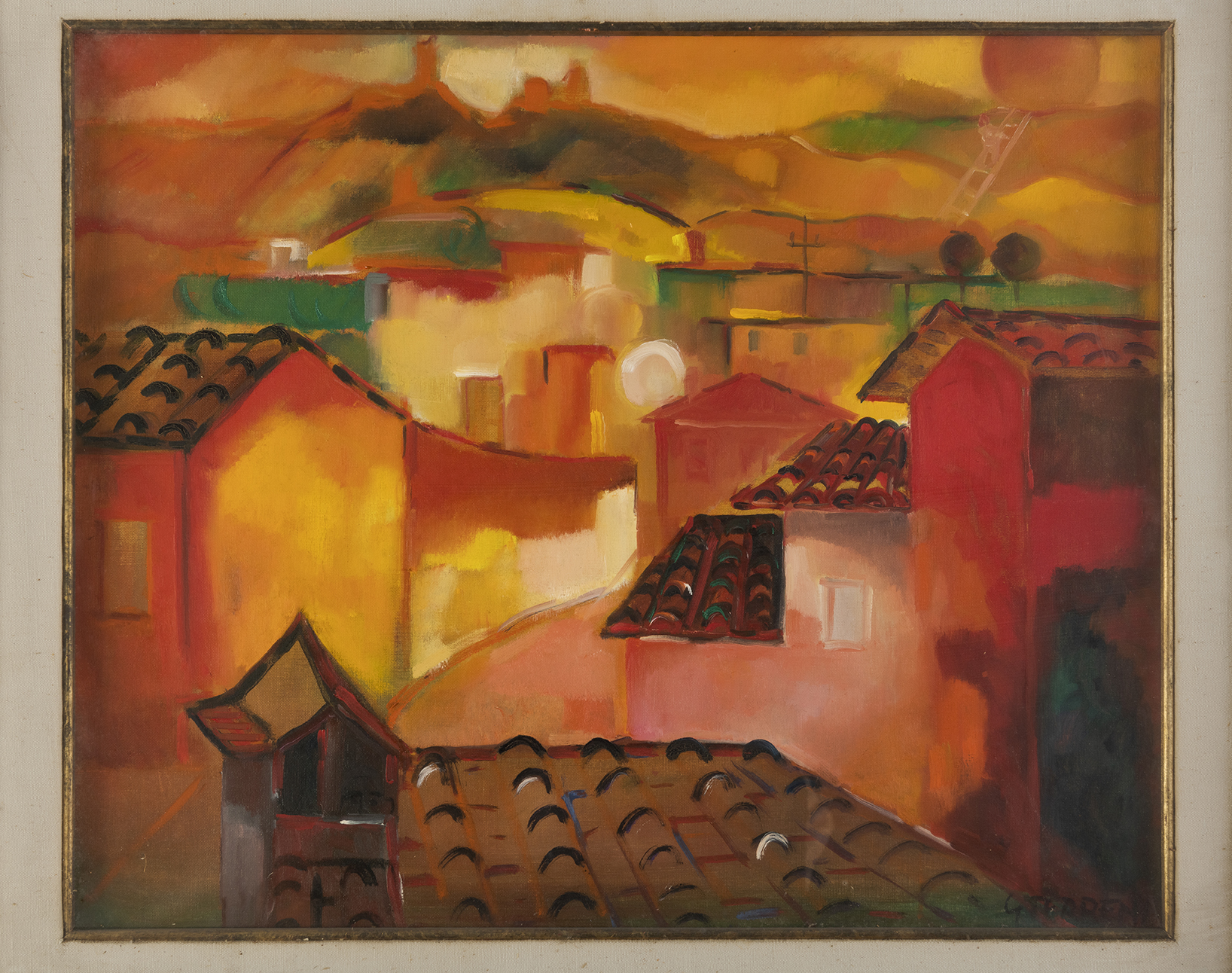 Paesaggio con tetti di case, Paesaggio urbano (dipinto) di Terreni Gino (terzo quarto XX)