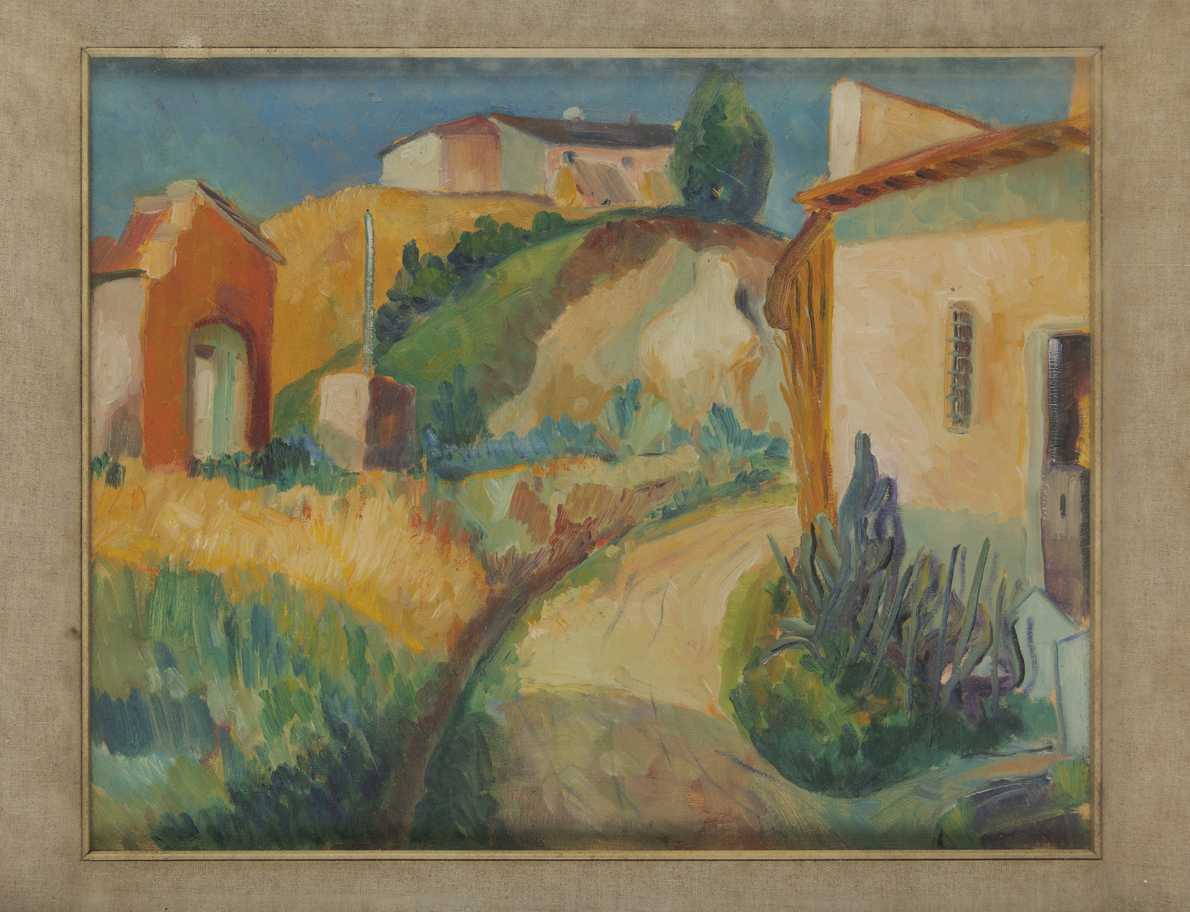 Paesaggio toscano, Paesaggio di campagna con case coloniche (dipinto) di Terreni Gino (secondo quarto XX)