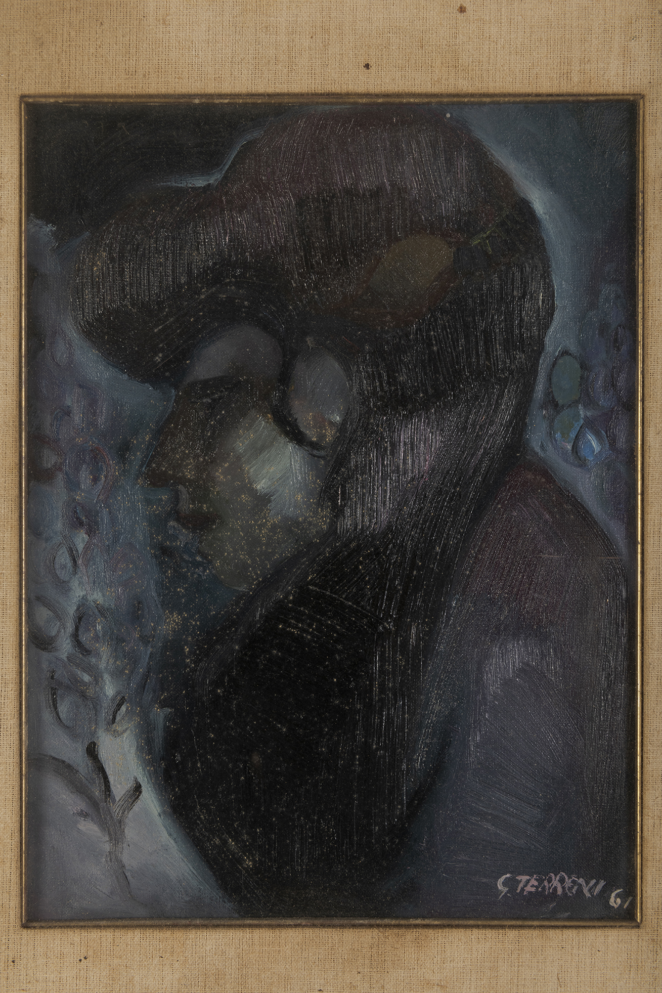 Profilo di donna con fiore, Figura di donna di profilo (dipinto) di Terreni Gino (terzo quarto XX)