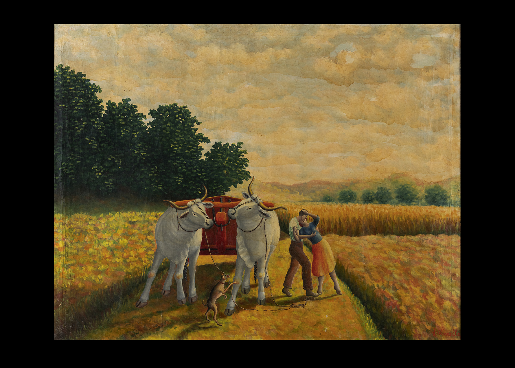 Scene di amore in mietitura, Coppia di innamorati in una strada di campagna (dipinto) di Vincelle Dante (secondo quarto XX)