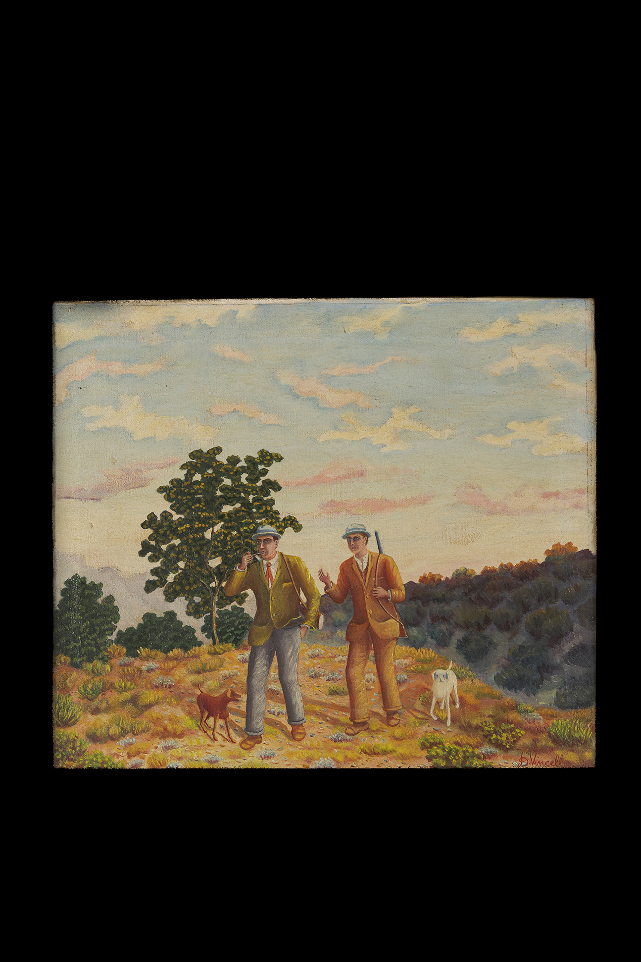 Cacciatori in conversazione, Coppia di cacciatori (dipinto) di Vincelle Dante (secondo quarto XX)