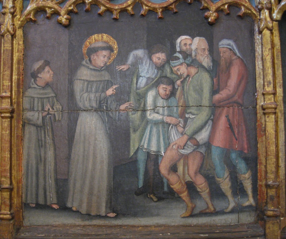 Sant’Antonio di Padova guarisce un mutilato (dipinto, elemento d'insieme) di Cavaro, Michele (bottega) (XVI)