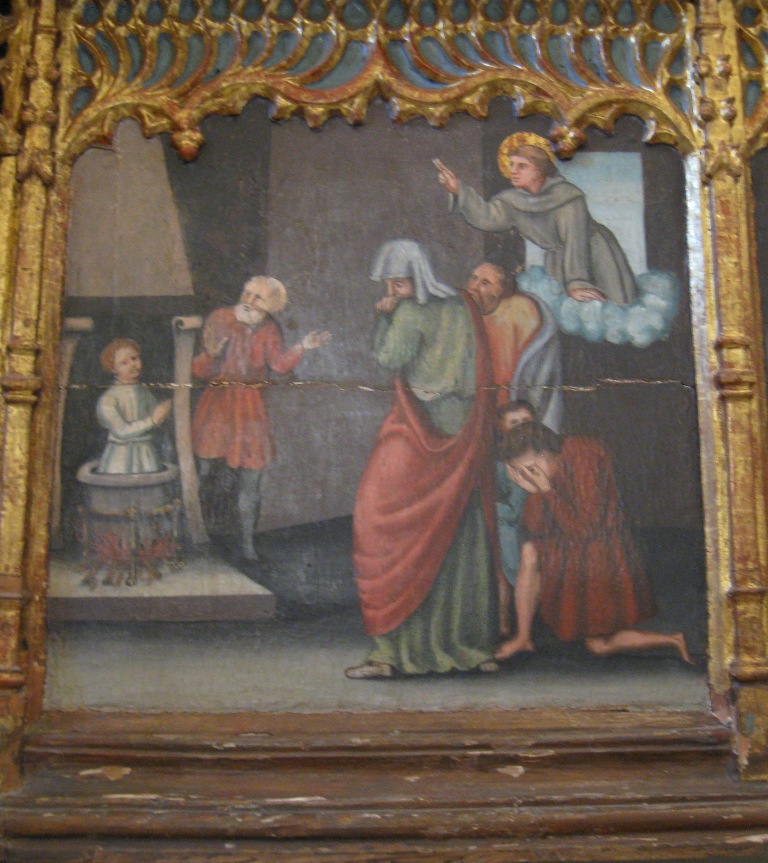 Sant’Antonio di Padova salva il bambino nella caldaia (dipinto, elemento d'insieme) di Cavaro, Michele (bottega) (XVI)