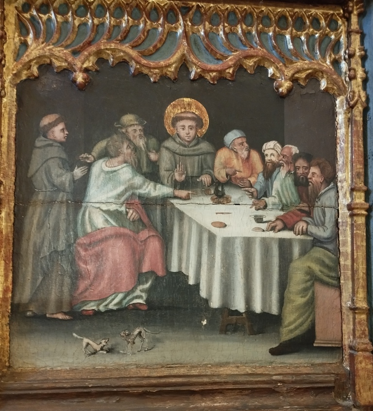 Sant’Antonio di Padova beve il vino avvelenato (dipinto, elemento d'insieme) di Cavaro, Michele (bottega) (XVI)