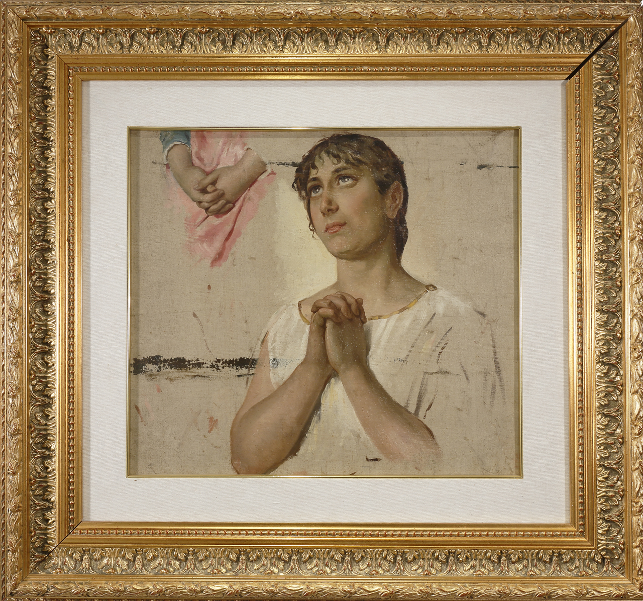 Studio per l’Angelo orante della Cappella Pollini, figura femminile a mezzo busto in preghiera e studio di mani giunte (dipinto) di Aldi Pietro (XIX)