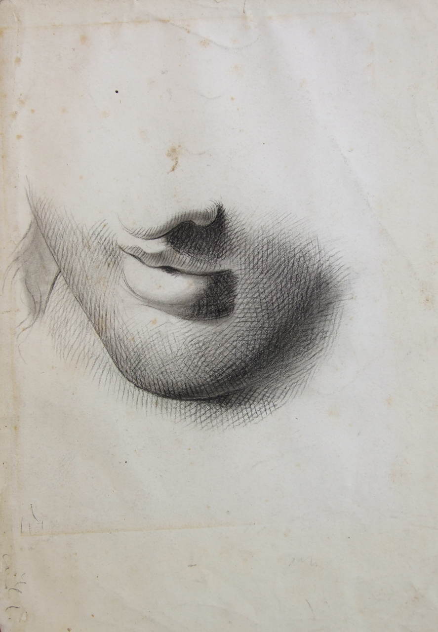 Studio di statua classica, studi di bocca femminile (disegno) di Aldi Pietro (XIX)