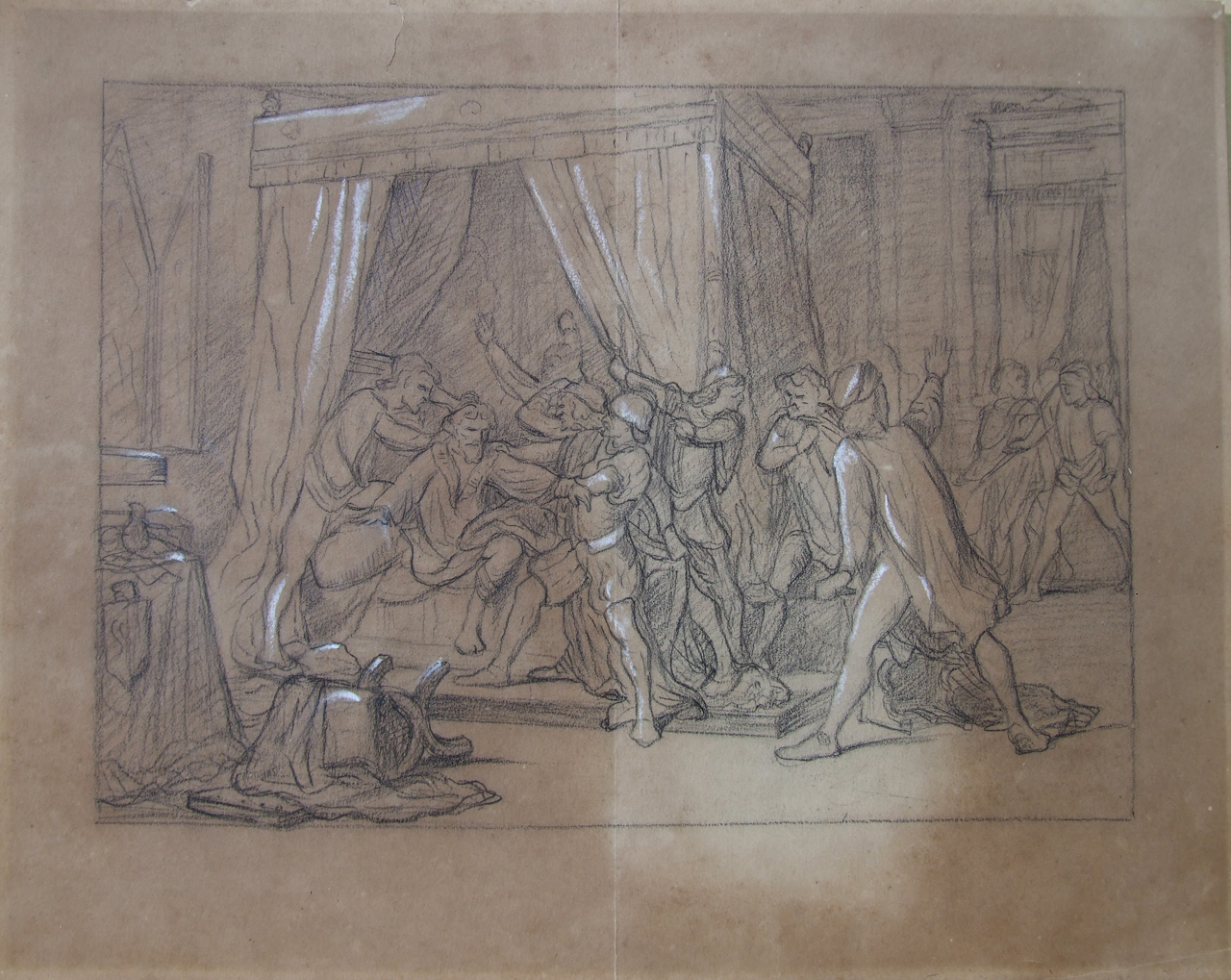 Studio per soggetto storico, scena di assalto in camera padronale (?) (disegno) di Aldi Pietro (XIX)