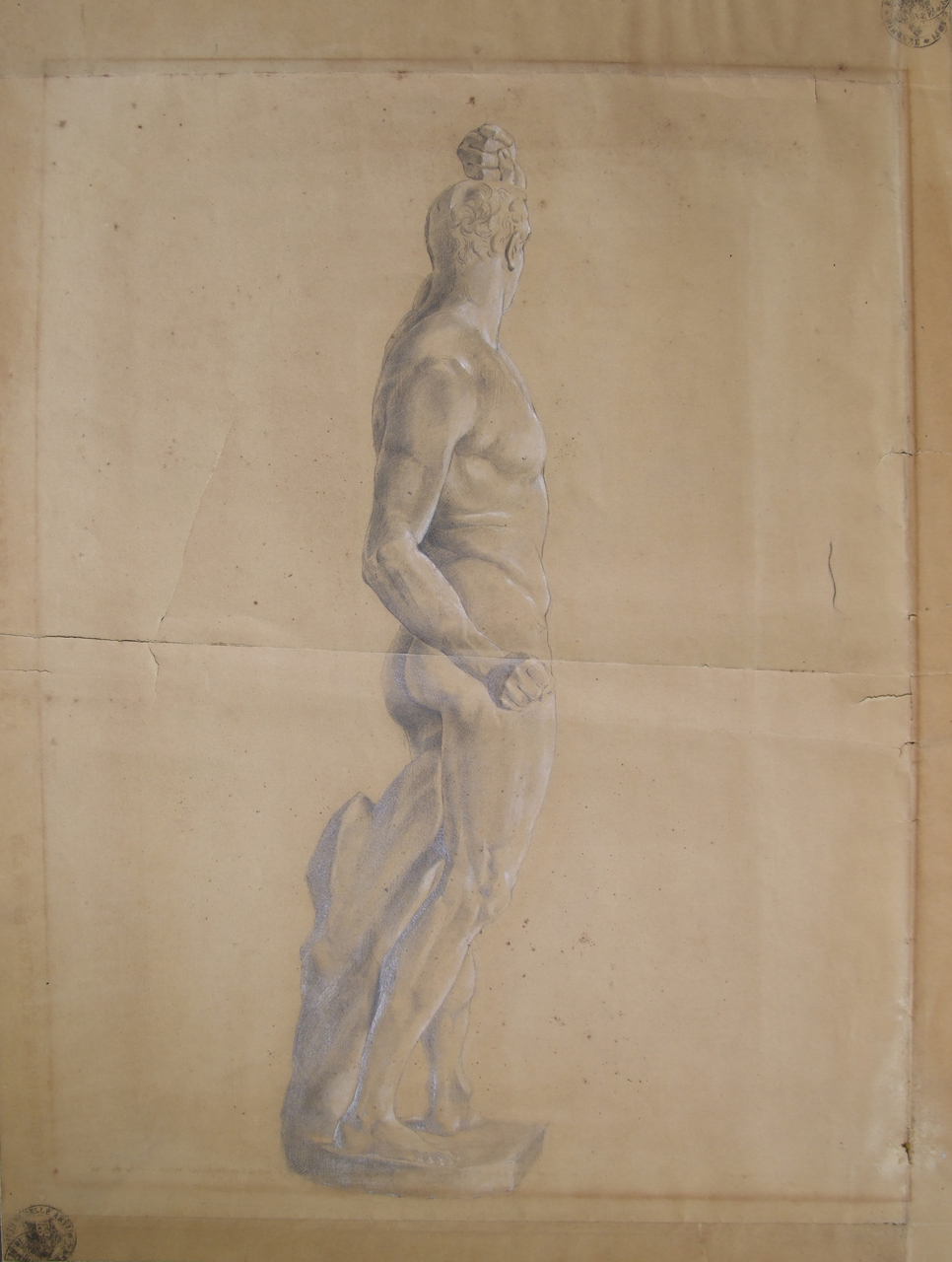 Disegno del Dioscuro di Montecavallo e schizzo di volto, studio di statua antica, volto femminile (disegno) di Aldi Pietro (XIX)