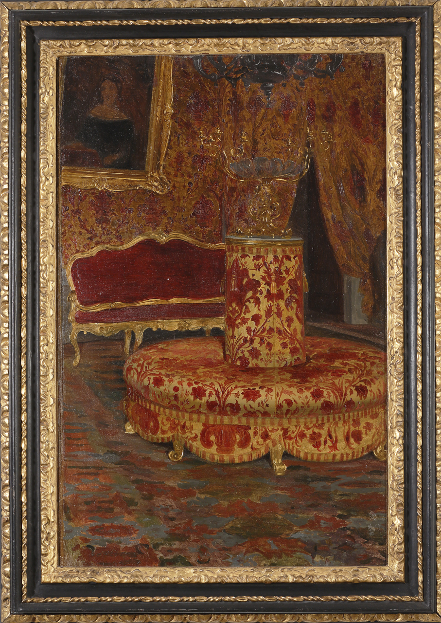 Salotto di Palazzo Corsini a Roma, con pouf, salotto di Palazzo Corsini a Roma (dipinto) di Aldi Pietro (XIX)