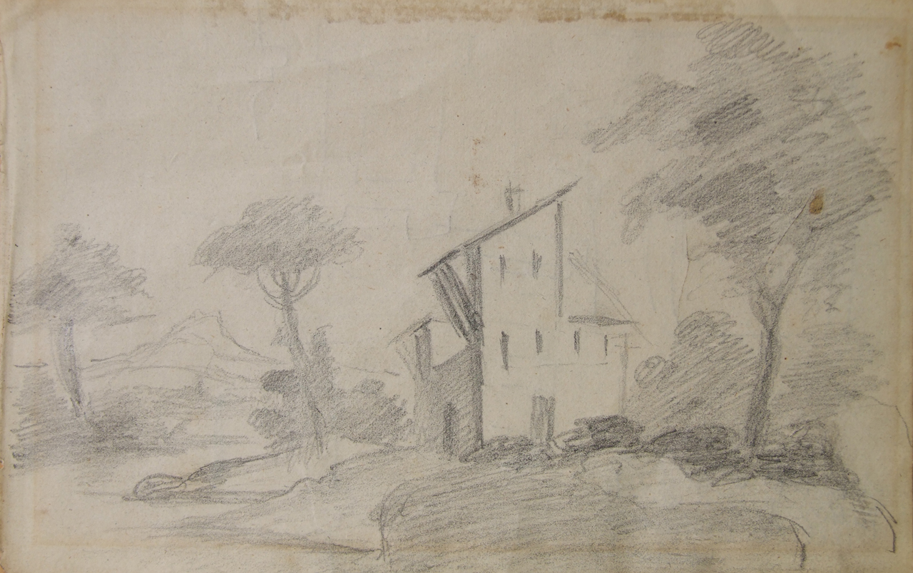 paesaggio con casa e alberi, studio di elementi architettonici (disegno) di Aldi Pietro (XIX)