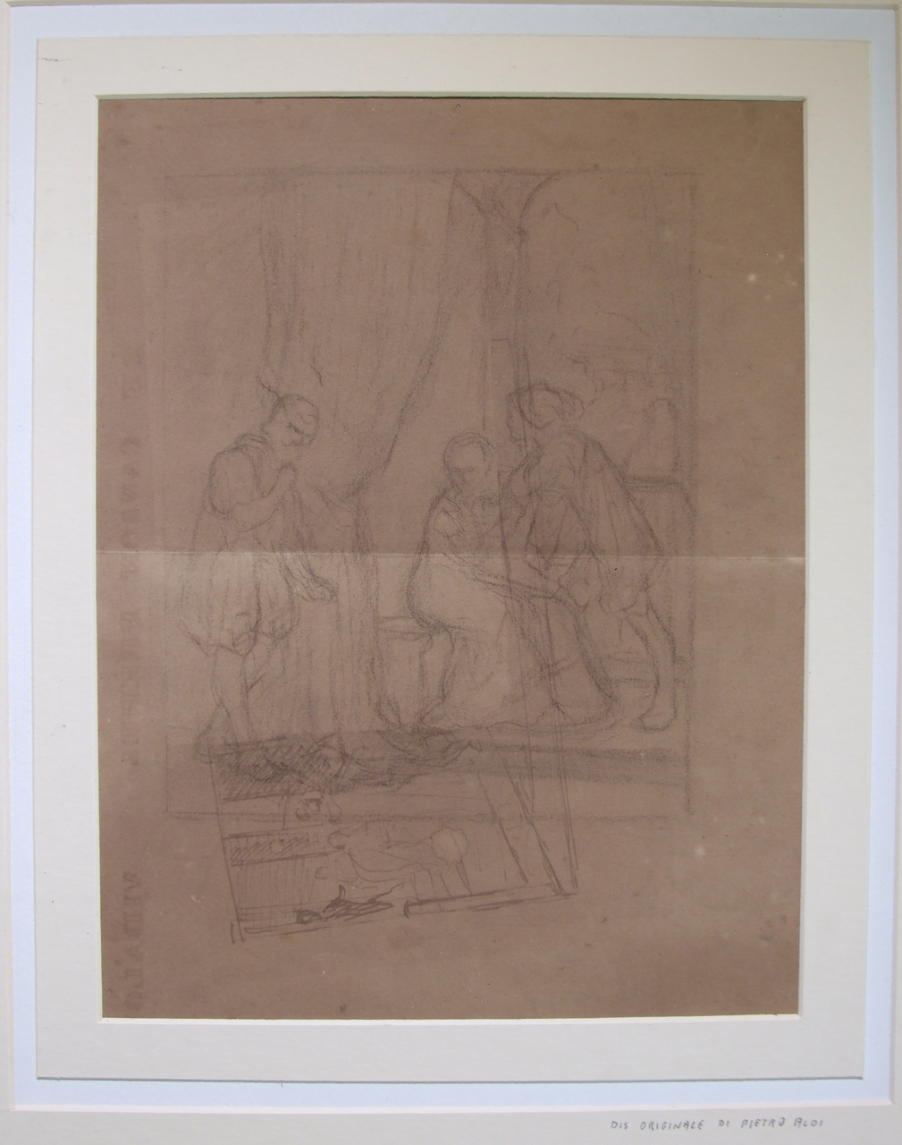 Studio per un dipinto di soggetto storico, studio con due interni con figure (disegno) di Aldi Pietro (XIX)