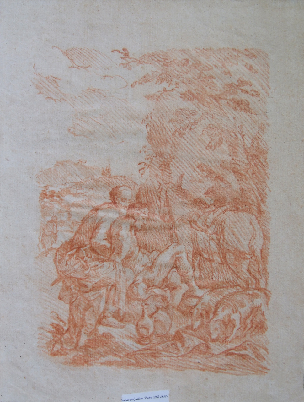 Il buon Samaritano (da Jacopo Bassano), il buon Samaritano cura le ferite del viandante (disegno) di Aldi Pietro (XIX)