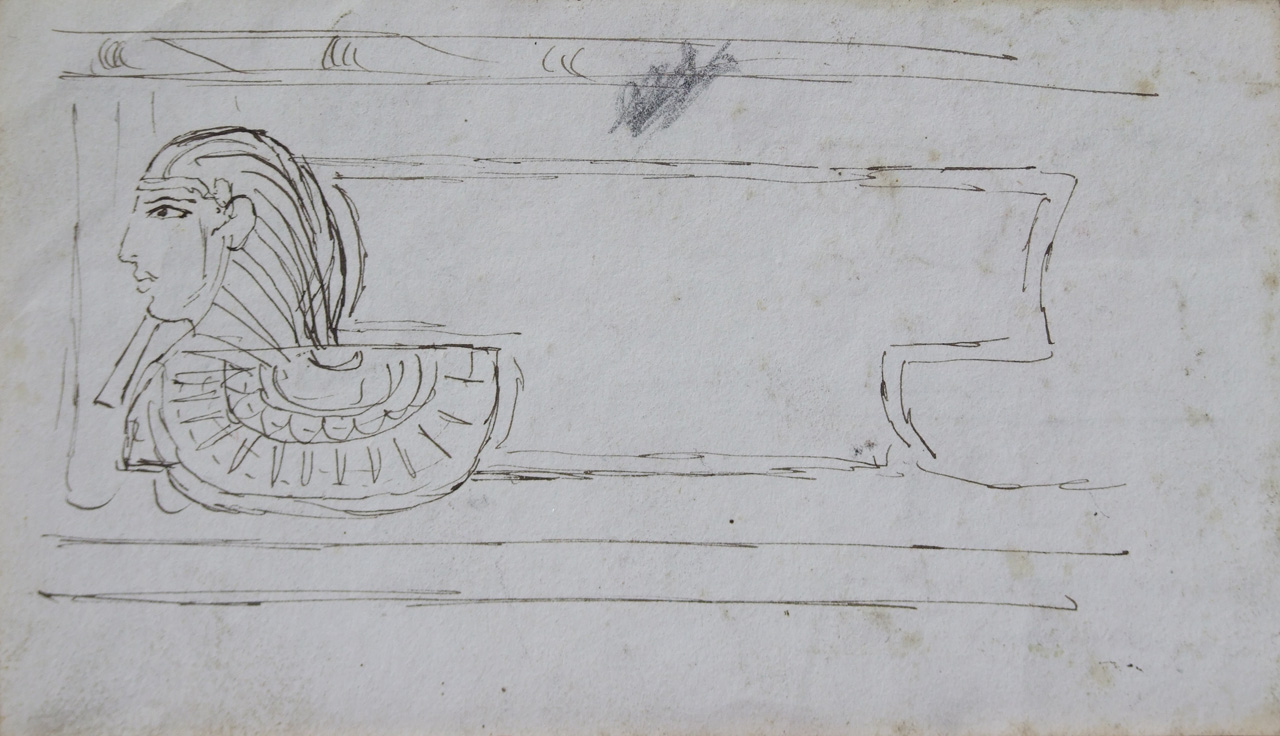 sagoma di sarcofago decorata con testa di faraone di profilo, cornice di sarcofago decorata con il disco solare alato (disegno) di Aldi Pietro (XIX)