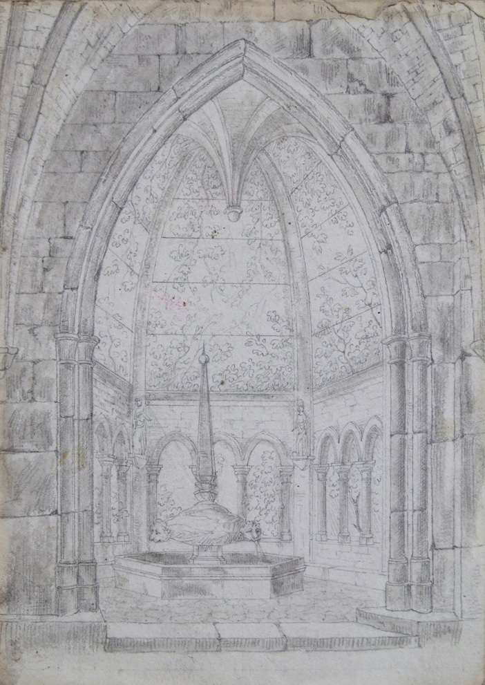 Fontana in un chiostro gotico, architettura gotica con fontana (disegno) di Aldi Pietro (XIX)