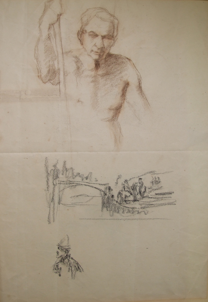 Studi diversi, studio di due figure maschili e un paesaggio, studio di panneggio(?) (disegno) - ambito toscano (prima metà XX)