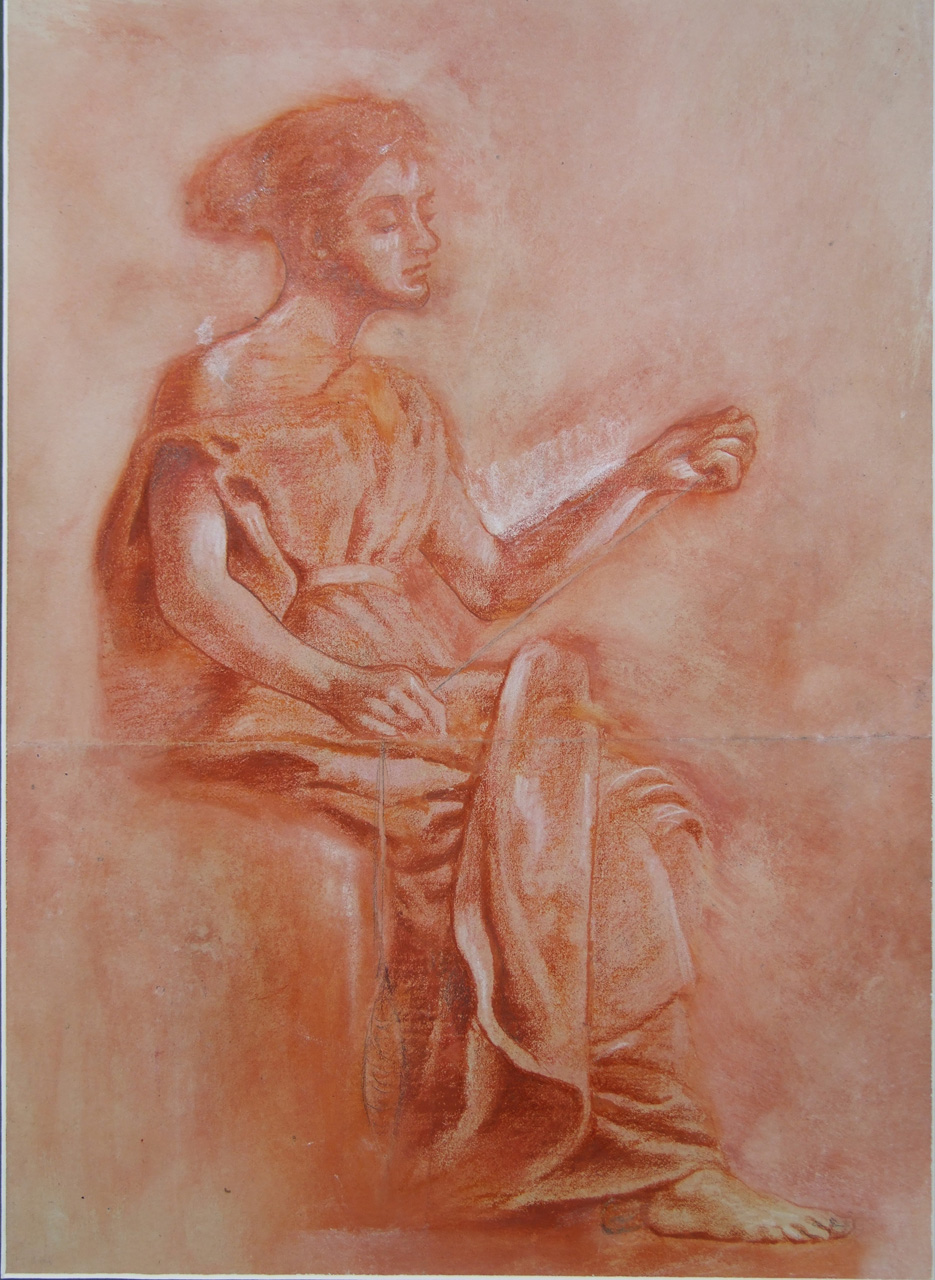 Una Parca e nudo femminile, Lachesi, studio di nudo femminile seduto (disegno) - ambito toscano (prima metà XX)