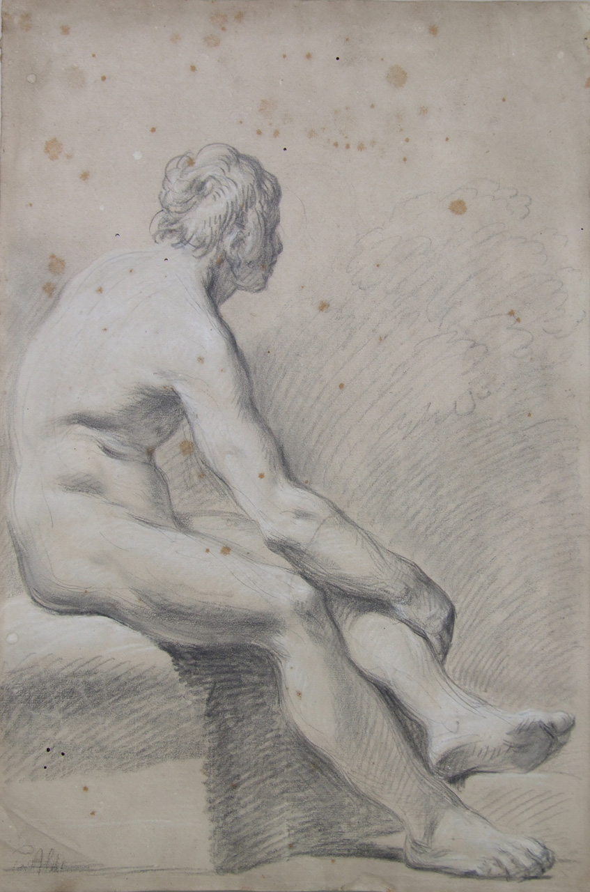 nudo maschile seduto (disegno, elemento di serie) di Aldi Pietro (XIX)