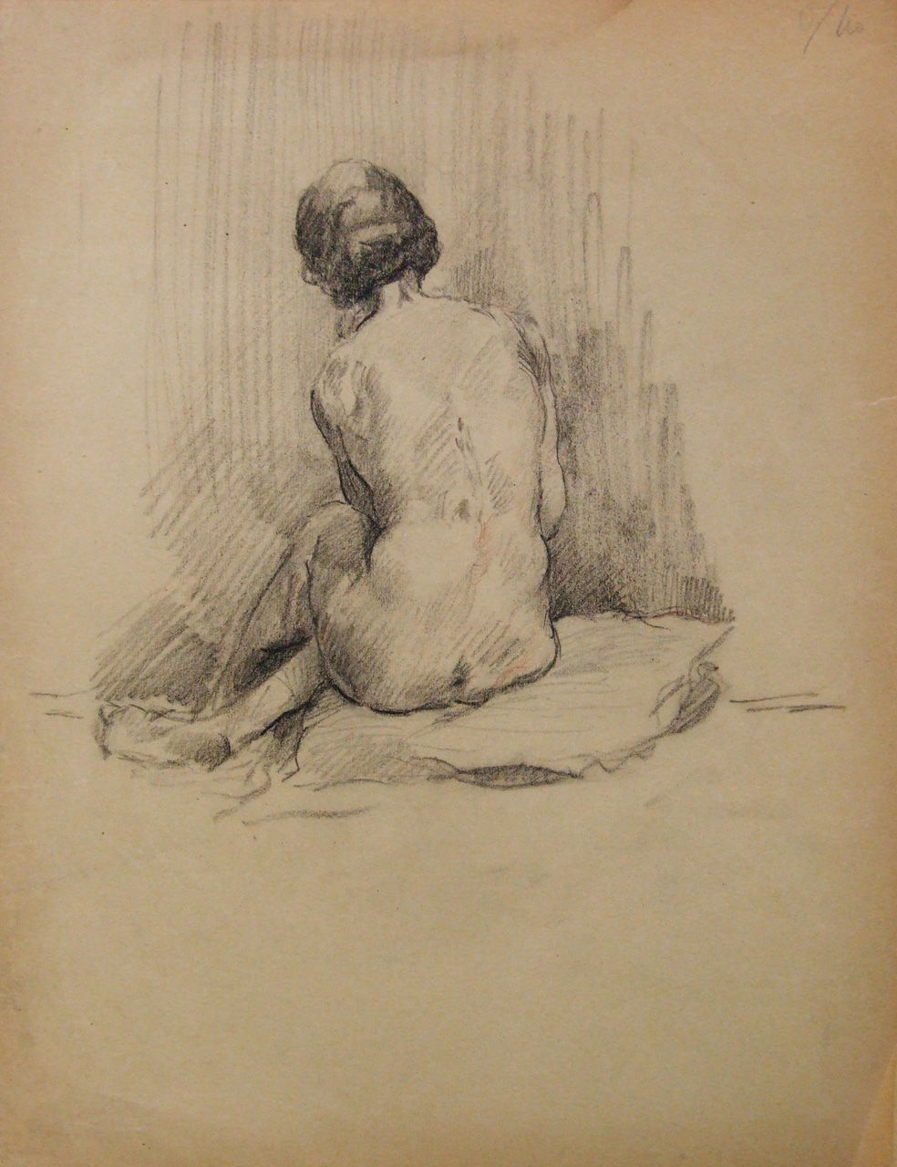 Studio di nudo femminile di schiena, nudo femminile seduto veduto da dietro (disegno) di Aldi Pietro (XIX)