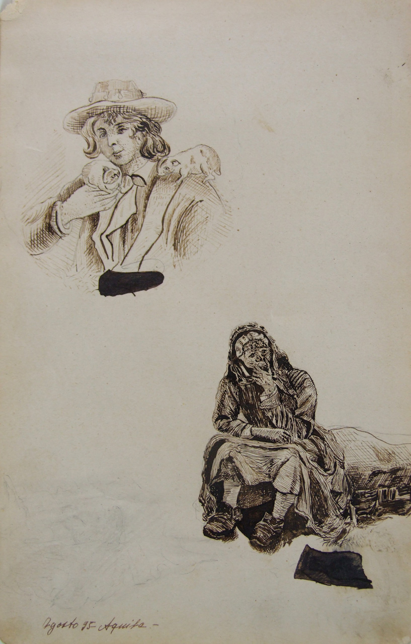 Busto di giovane pastore e vecchia abruzzese, busto di giovane con criceti e donna anziana seduta (disegno) - ambito toscano (XIX)
