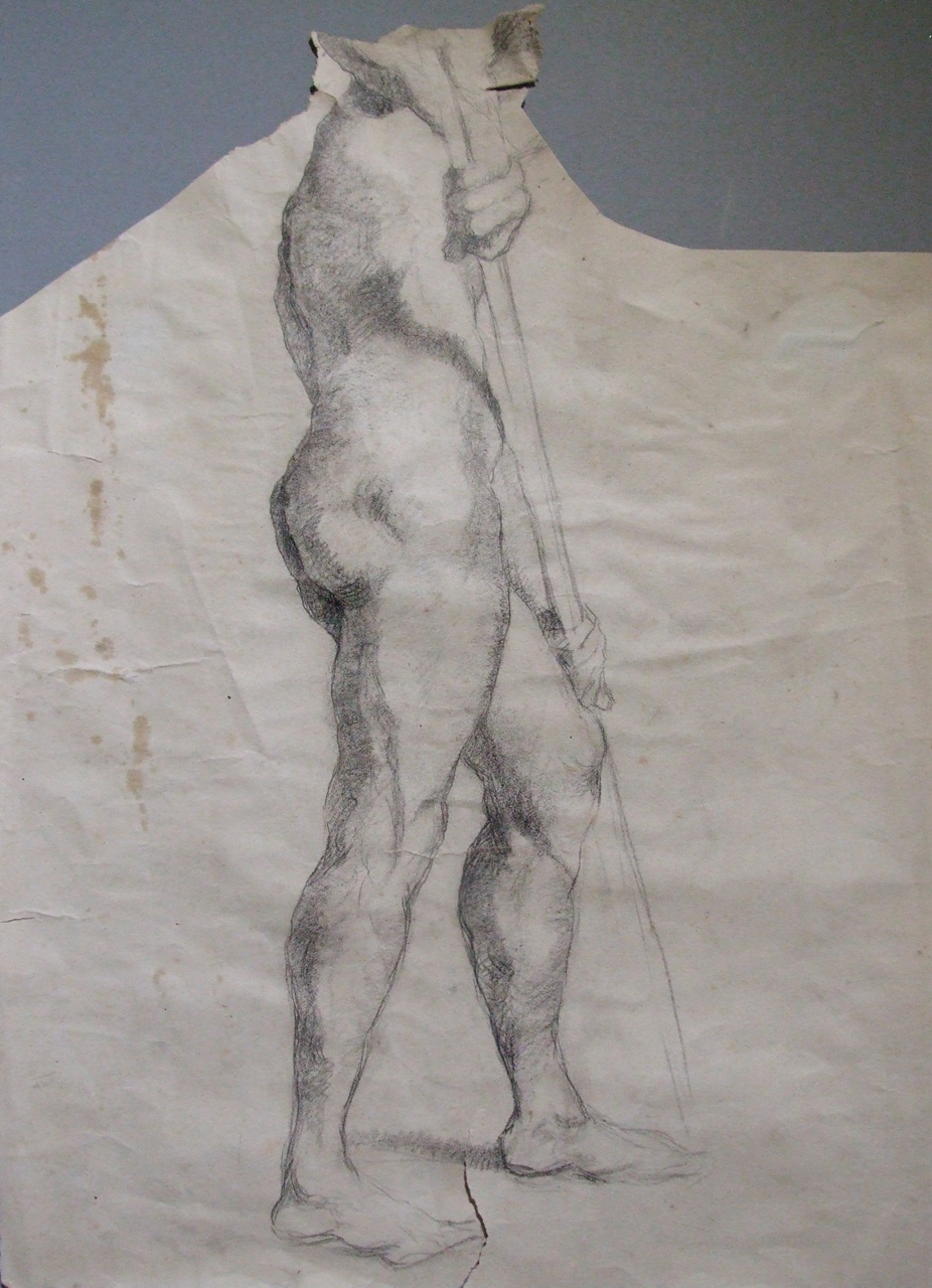 nudo maschile in piedi con bastone (disegno) - ambito toscano (XX)