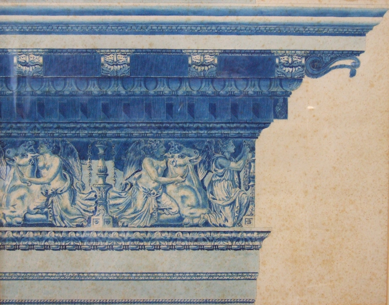 Progetto per fregio di tempio greco-romano, particolare di trabeazione con cornicione (dipinto) di Aldi Pietro (XIX)