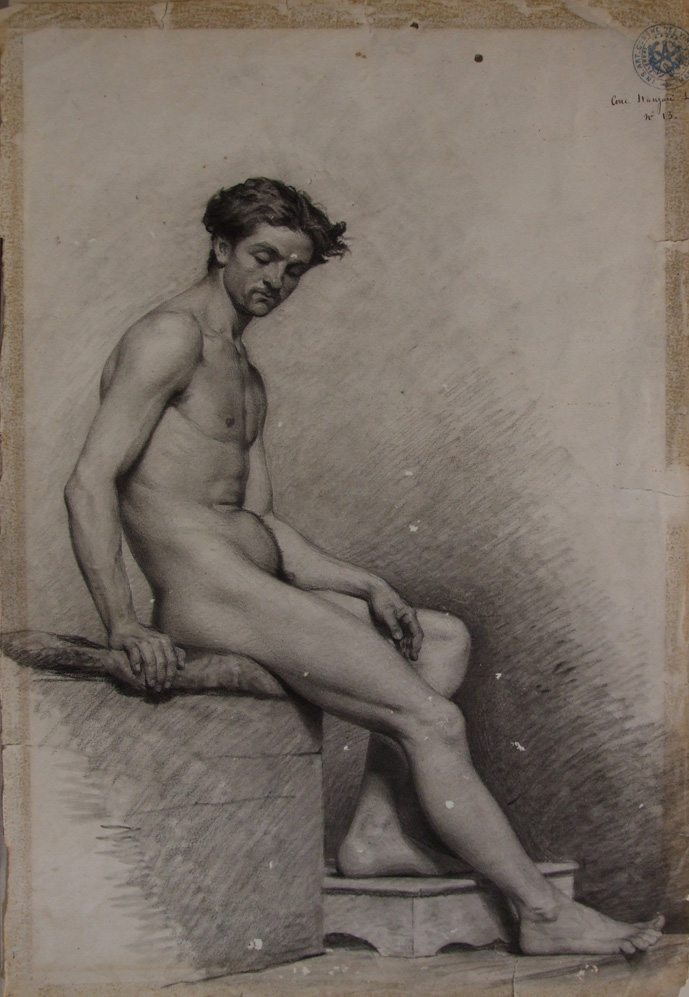 studio di nudo maschile seduto (disegno) di Aldi Pietro (XIX)