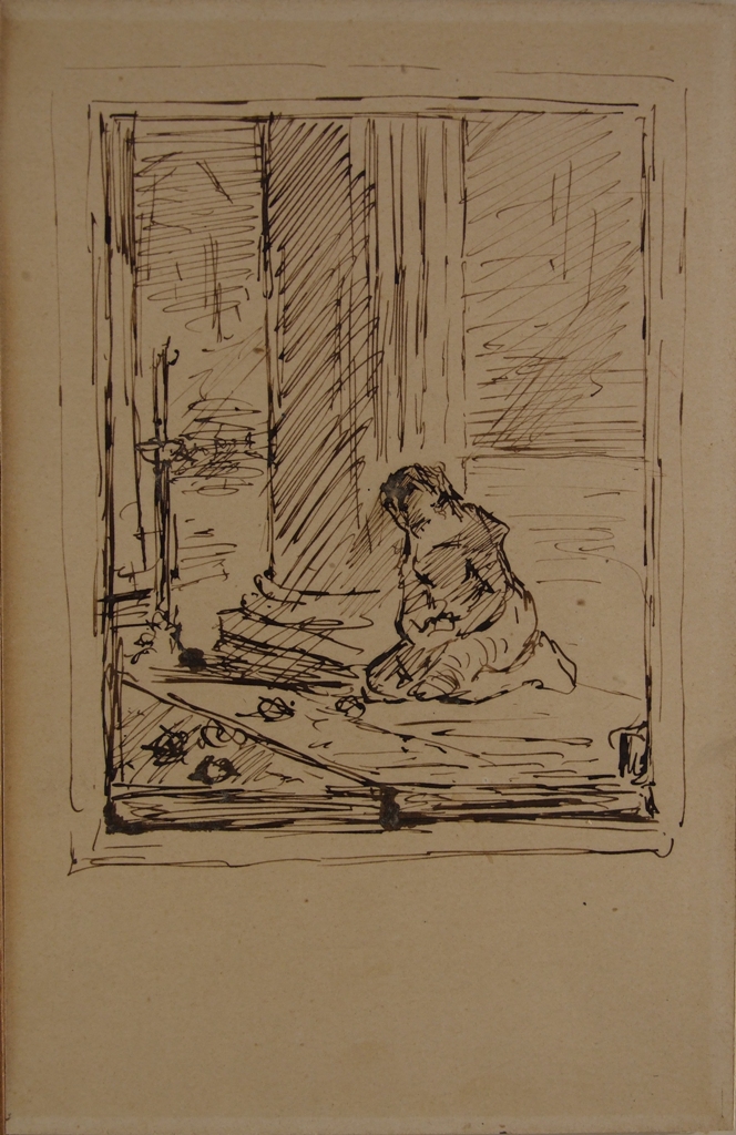 Studio per le ultime ore della libertà senese, colonnato con figura femminile seduta a terra (disegno) di Aldi Pietro (XIX)