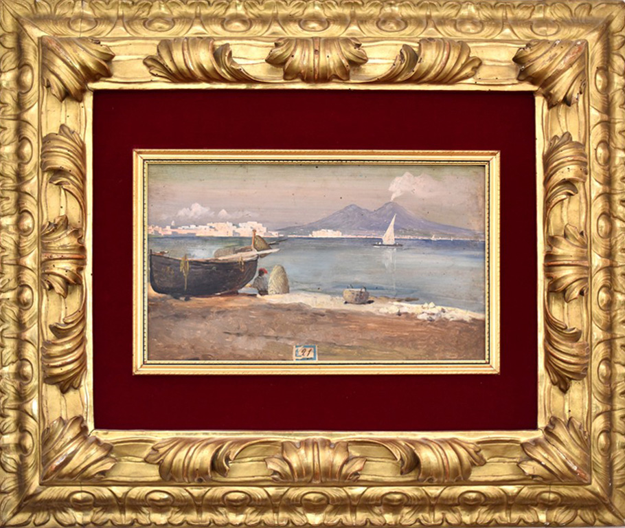 Golfo di Napoli col Vesuvio, golfo di Napoli con barche e vulcano (dipinto) di Aldi Pietro (XIX)