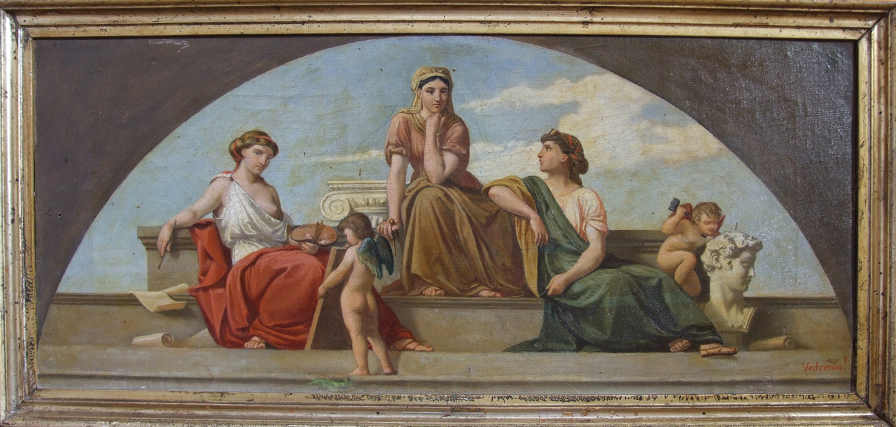 Allegoria delle tre arti, Pittura, Architettura, Scultura e putti (dipinto) di Aldi Pietro (XIX)
