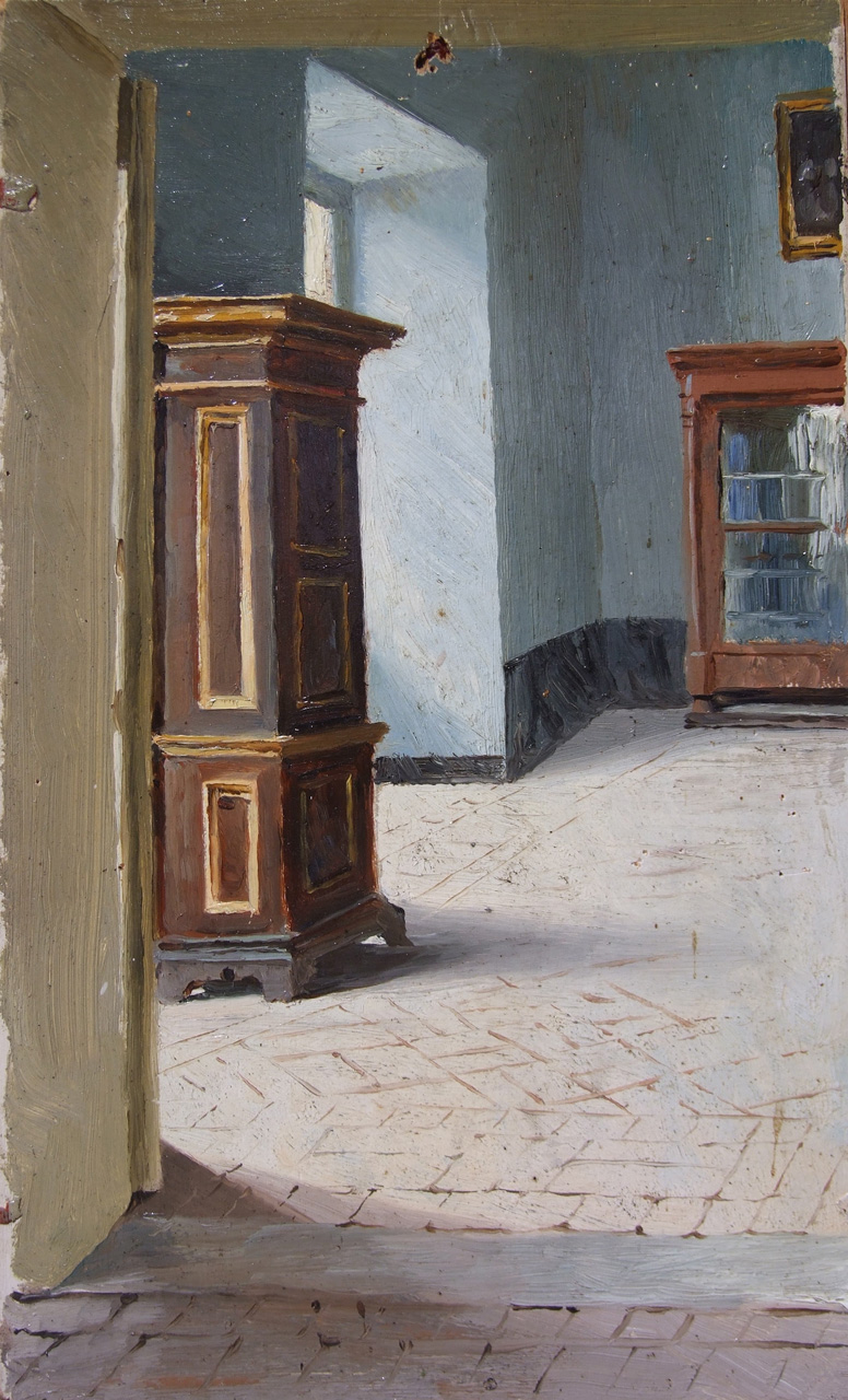 Veduta di un interno, interno con mobili (dipinto) di Aldi Pietro (XIX)