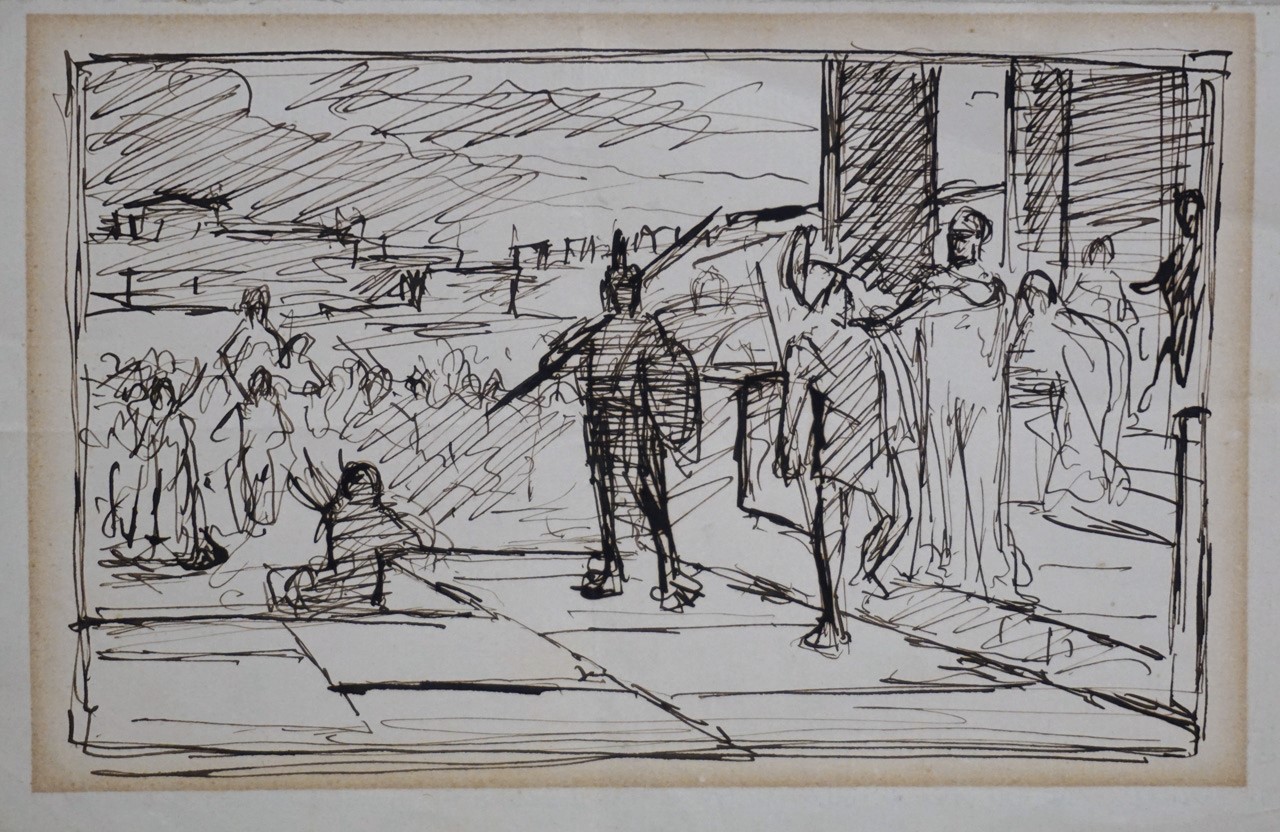 Studio per un soggetto romano, veduta di città con figure e soldati (disegno) di Aldi Pietro (XIX)