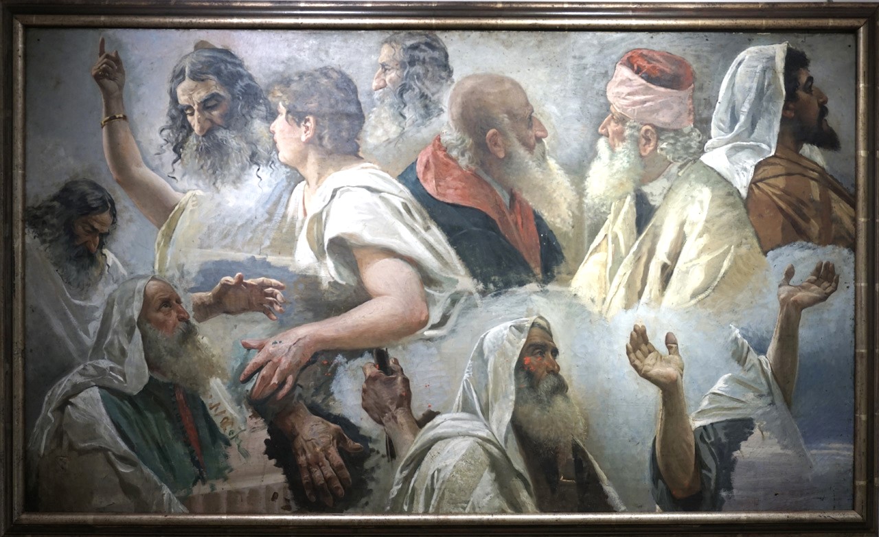 Studi per il trionfo di Giuditta, studio di teste, braccia e mani (dipinto) di Aldi Pietro (XIX)