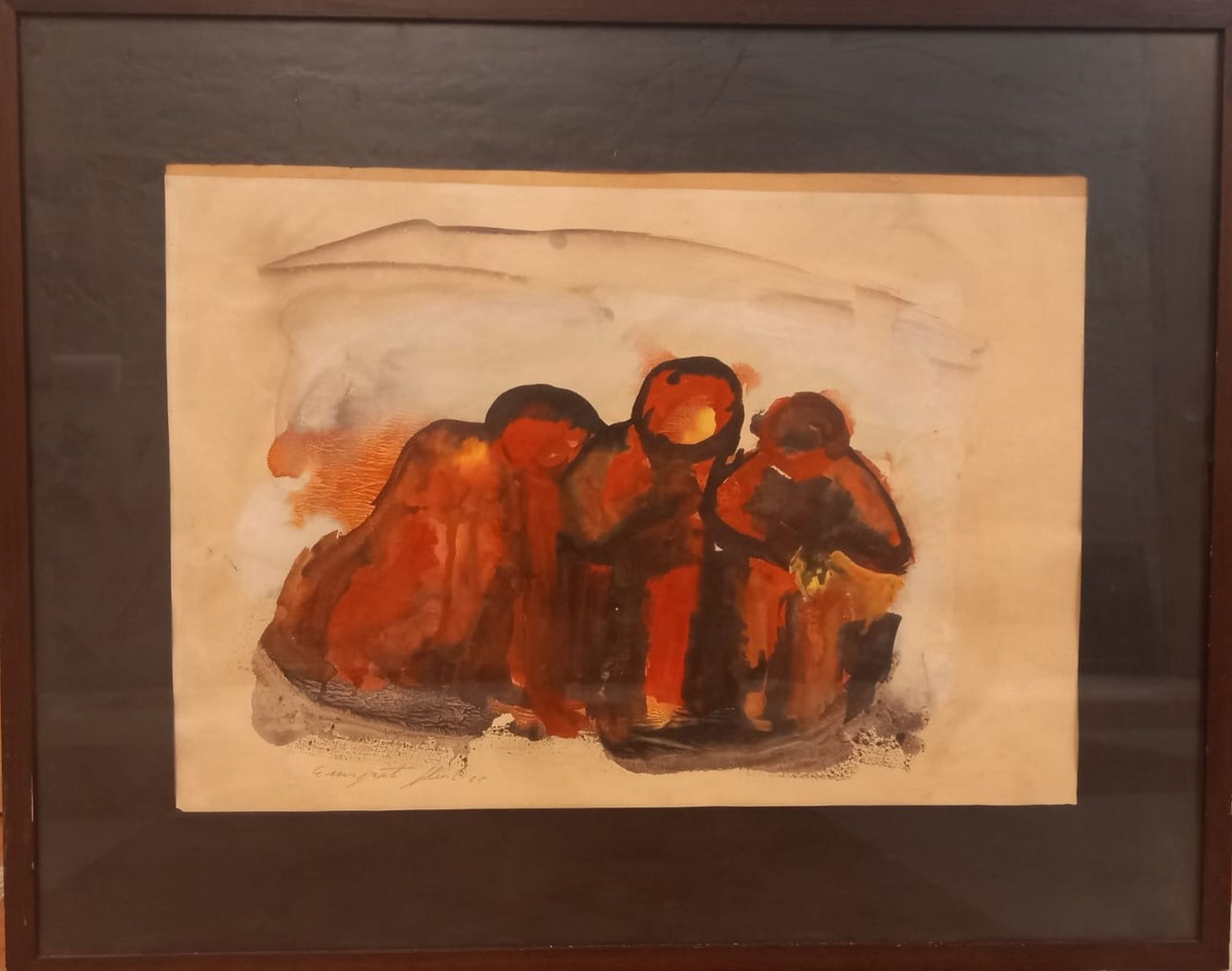 Emigrati, (Figure che leggono o cantano), gruppo di figure in un esterno (dipinto, opera isolata) - ambito italiano (terzo quarto XX)