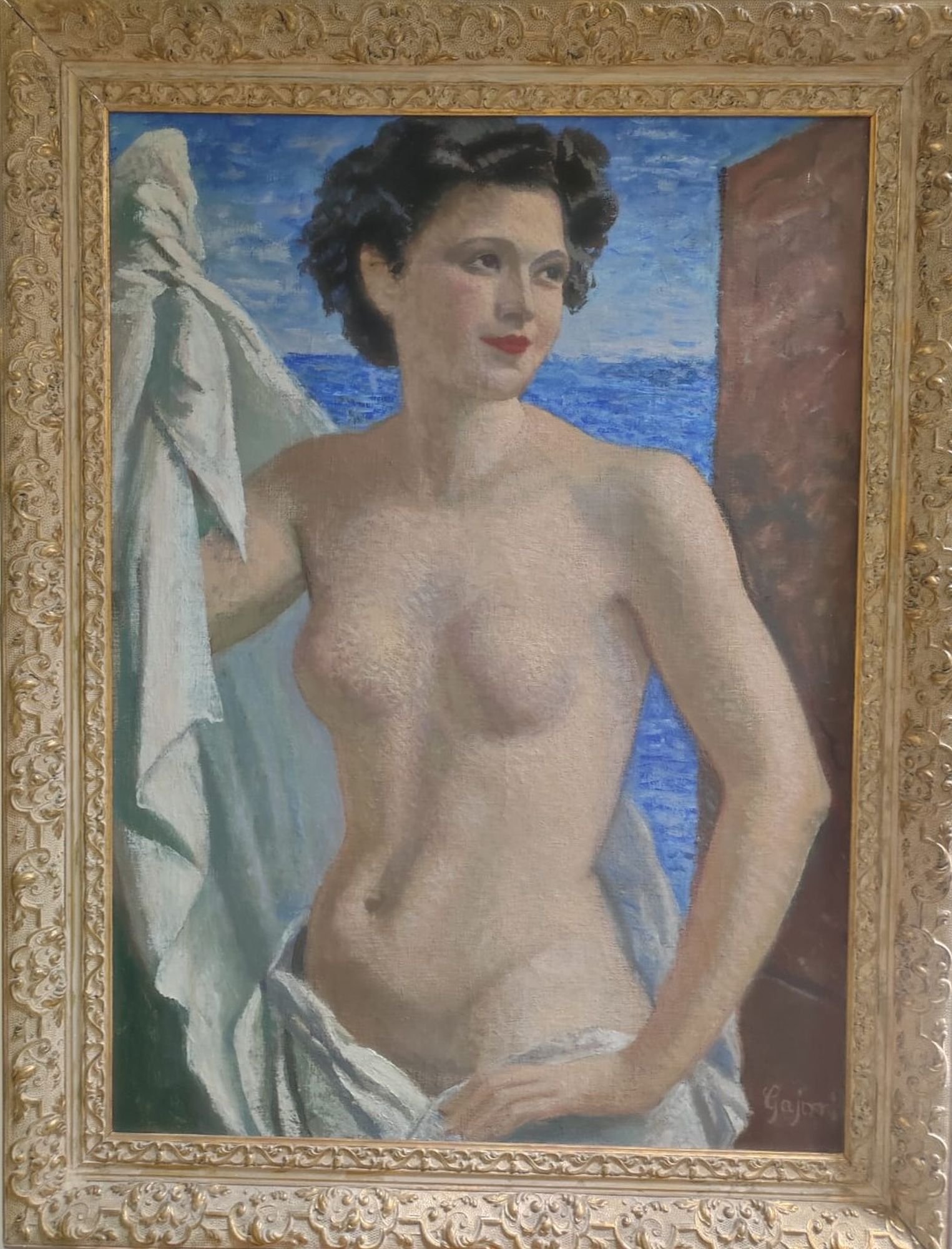 Donna nuda con drappo bianco, figura femminile (dipinto, opera isolata) di Gajoni, Antonio Luigi - ambito italiano, ambito francese (secondo quarto XX)