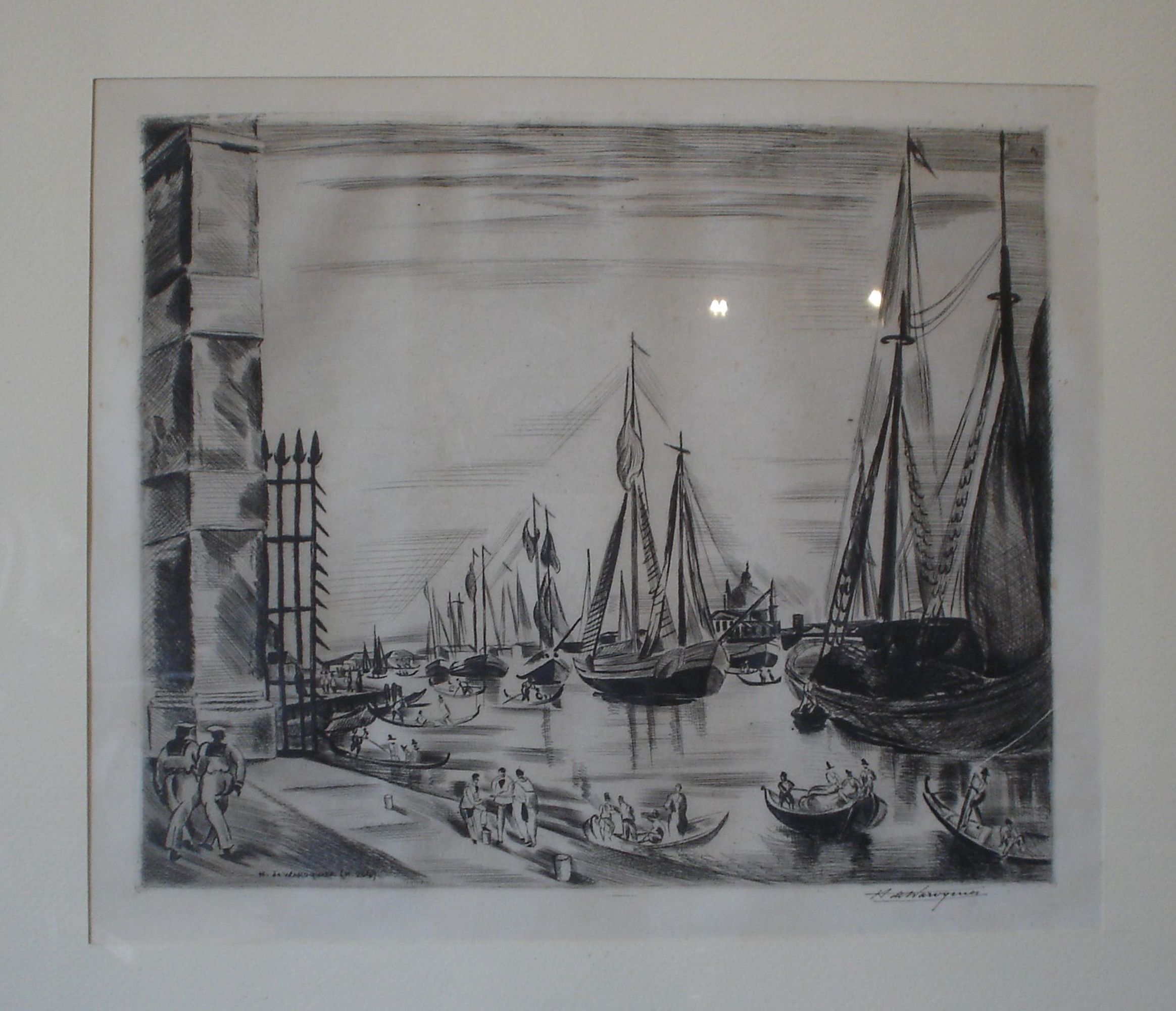 (Navi e gondole a Venezia), Veduta di Venezia (stampa, elemento di serie) di de Waroquier, Henry - ambito francese (prima metà XX)