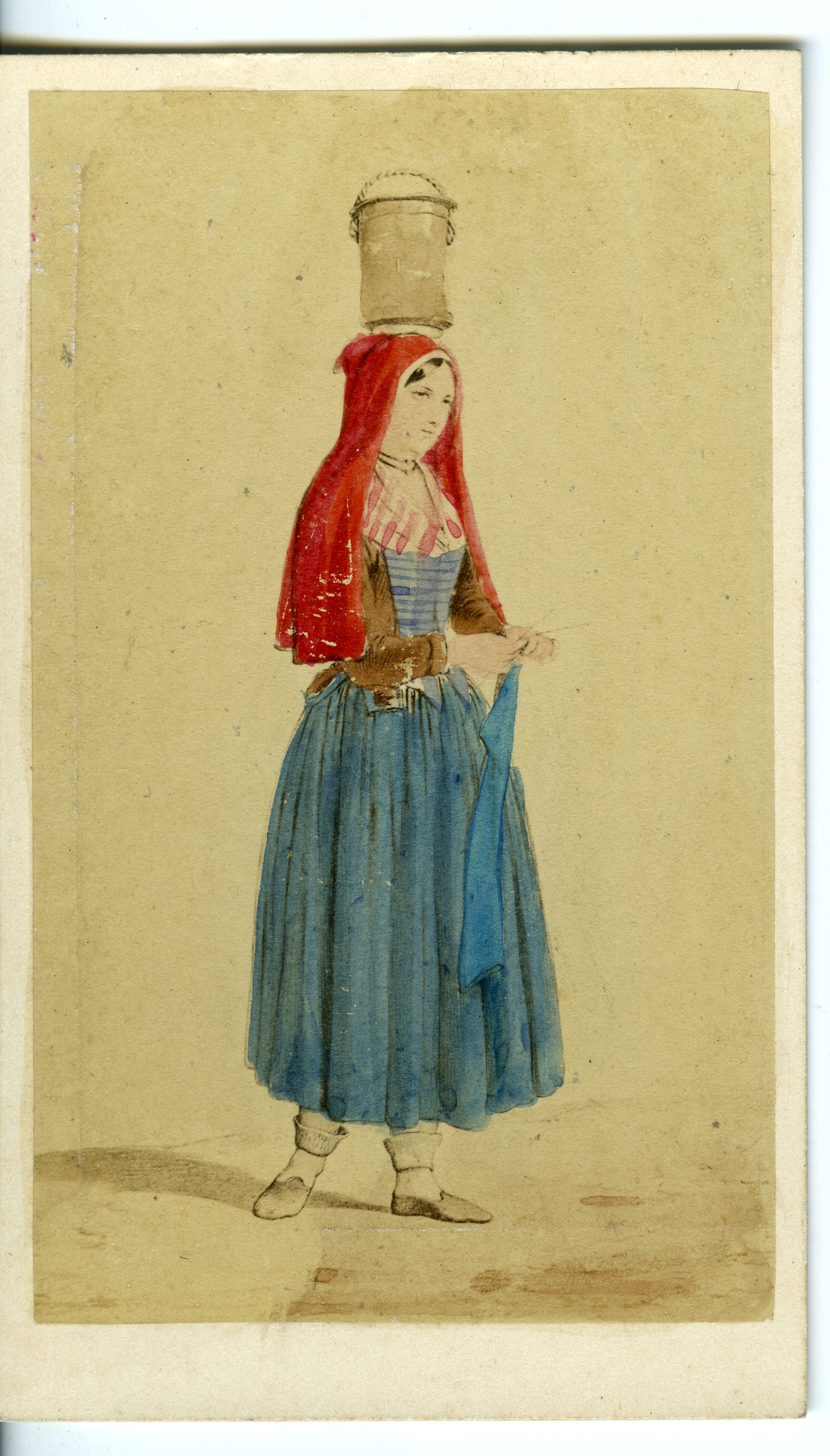 Donna in costume popolare con in testa un vaso (biglietto da visita) di Anonimo (XIX)