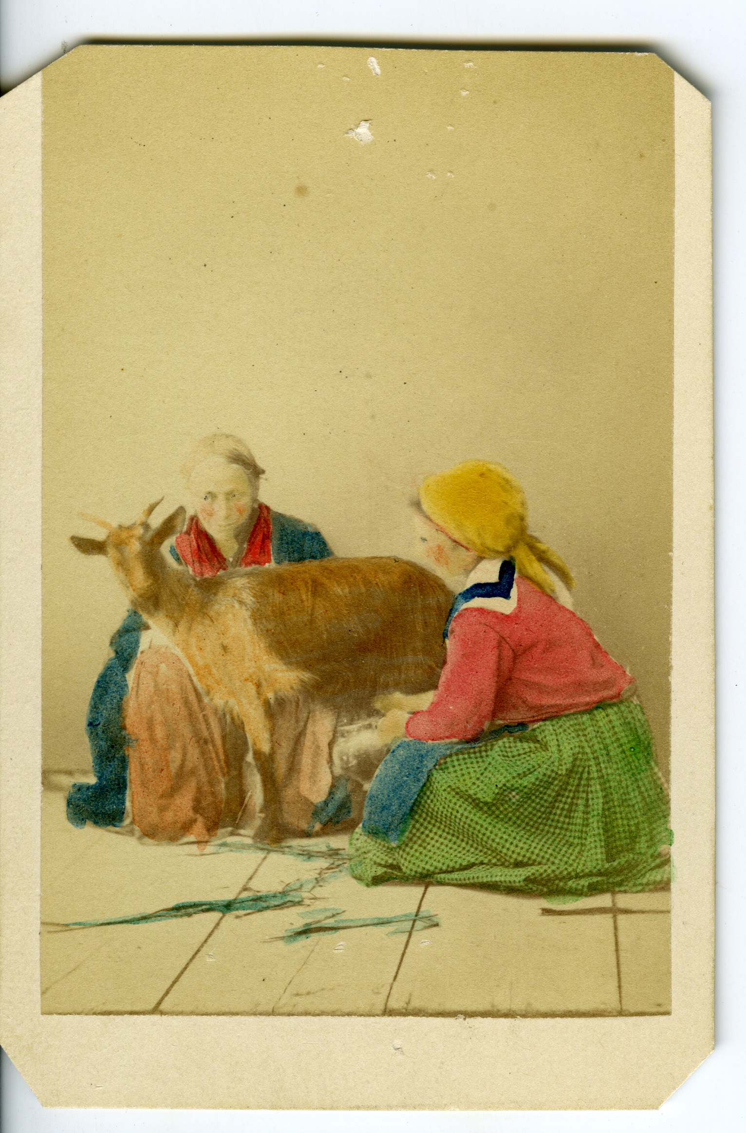 Due donne inginocchiate mentre raccolgono il latte da una capra (biglietto da visita) di Fratelli De Luca (XIX)