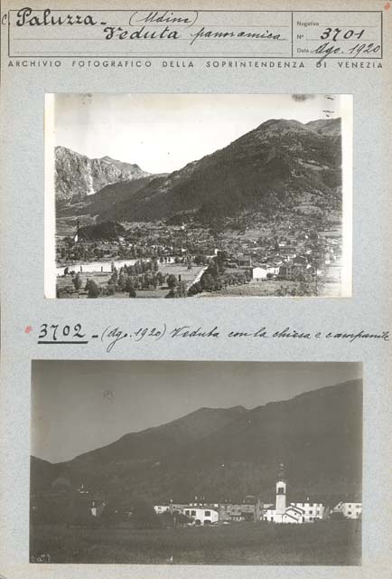 Veduta: paese, Paluzza; chiesa, campanile, San Giacomo (positivo) di Caprioli, Giovanni (prima metà XX)