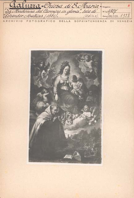 Documentazione storico artistica: sec. XVII, dipinto, Madonna col Bambino in gloria e Santo (positivo) di Caprioli, Giovanni (prima metà XX)