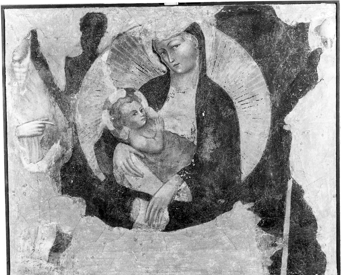 Madonna dell'Umiltà, Madonna col Bambino tra i Ss. Giovanni Battista e Antonio Abate con profilo di donatore (dipinto, frammento) di Scannabecchi Lippo detto Lippo di Dalmasio (maniera) (fine sec. XIV)