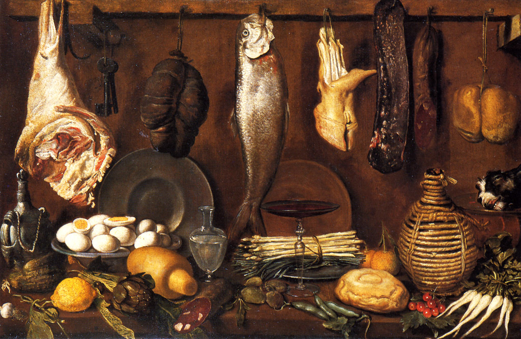 Dispensa con pesce, carne, uova sode e fiasca di vino (dipinto) di Chimenti Jacopo detto Empoli (sec. XVII)