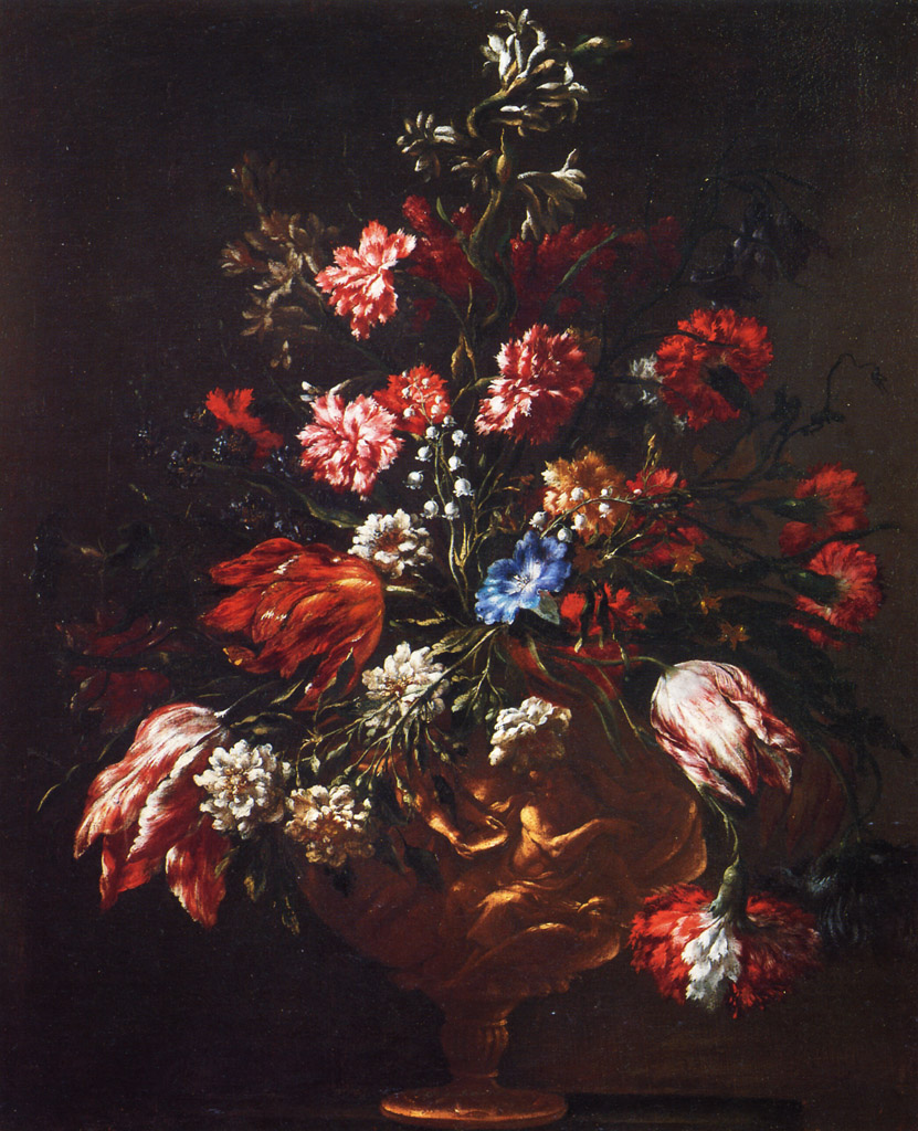 Mazzo di fiori entro vaso istoriato (dipinto) di Nuzzi Mario detto Mario de' Fiori (sec. XVII)