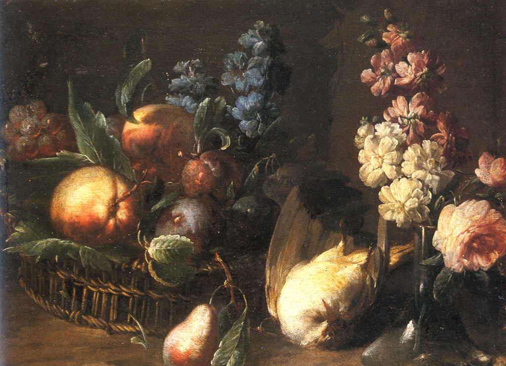 Natura morta con volatile, cesto con frutta e vaso di fiori (dipinto) di Vitali Candido (sec. XVIII)