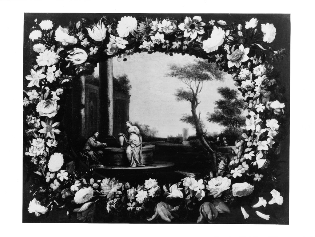 Ghirlanda di fiori con Cristo e la Samaritana al pozzo (dipinto) di Cittadini Pier Francesco detto Milanese (sec. XVII)