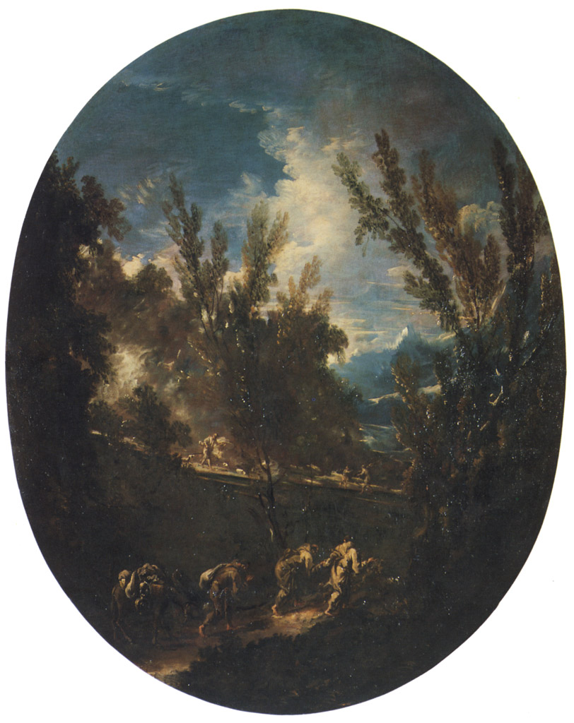 Paesaggio con frati (dipinto) di Magnasco Alessandro (sec. XVIII)