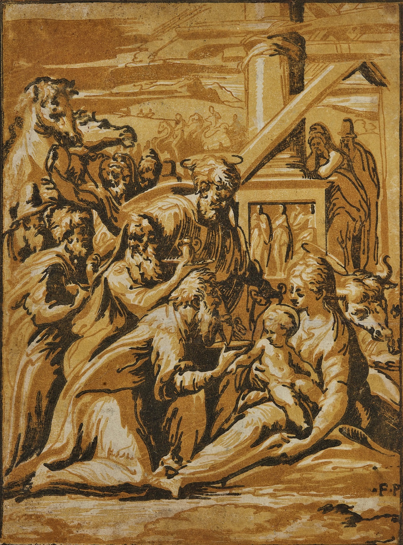 Adorazione dei Magi, Adorazione dei Magi (stampa smarginata) di Mazzola Francesco detto Parmigianino, Vicentino Niccolò (secondo quarto XVI)
