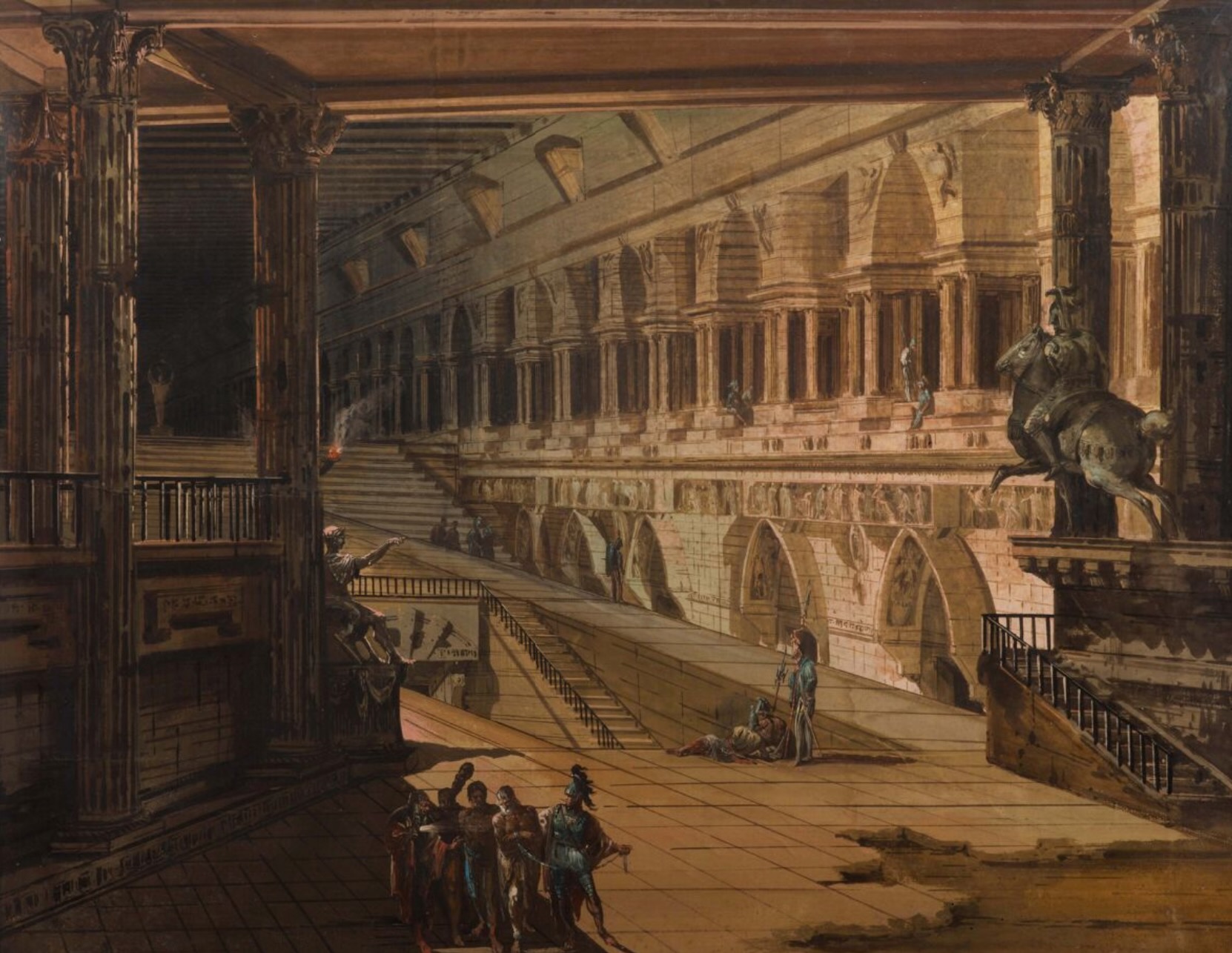 Interno di edificio antico con armigeri e prigionieri, Interno di edificio antico con armigeri e prigionieri (bozzetto per scenografia, pendant) di Bison Giuseppe Bernardino (prima metà XIX)